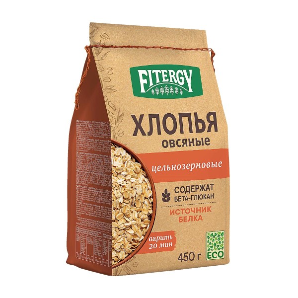 Хлопья овсяные Fitergy цельнозерновые 450г