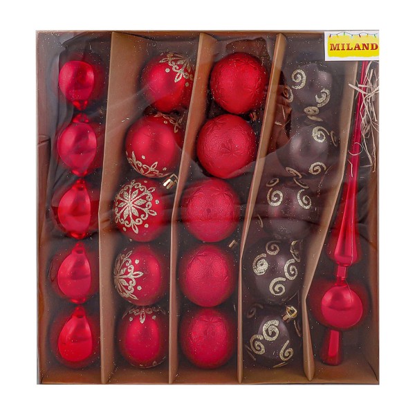 Набор ёлочных шаров с верхушкой красный 20шт 6см Miland