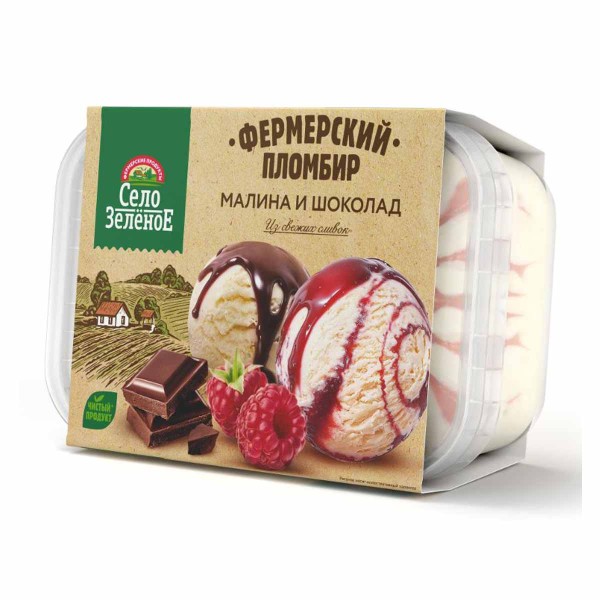 Мороженое пломбир малина и шоколад контейнер Село Зеленое 15% 450г БЗМЖ