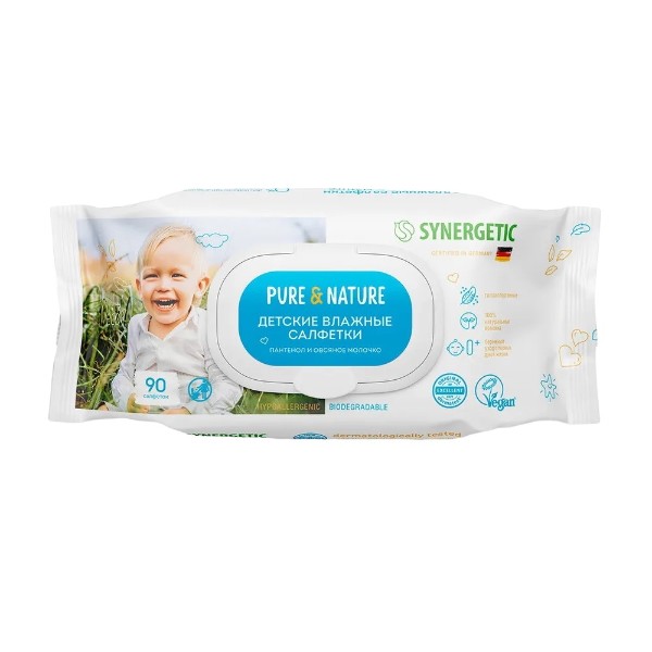 Салфетки влажные Synergetic Pure&Nature для детей 90шт пантенол и овсяное молочко
