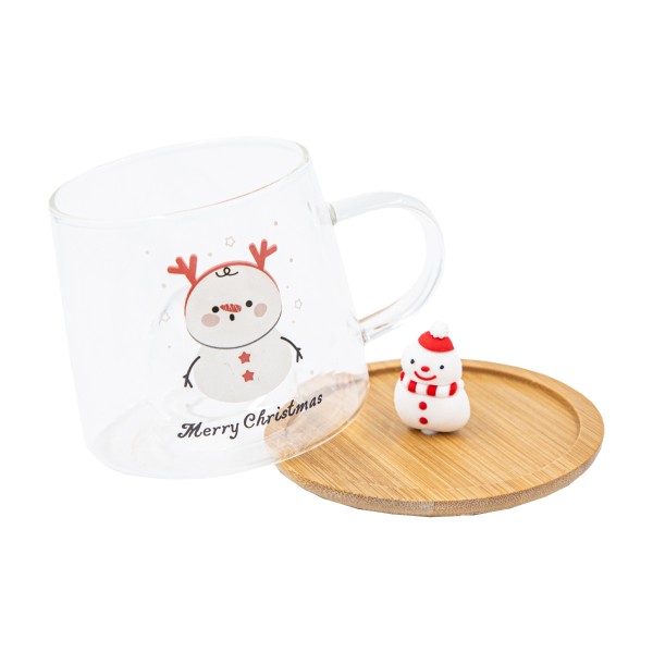 Кружка Снеговик стеклянная с крышкой и подставкой 300мл