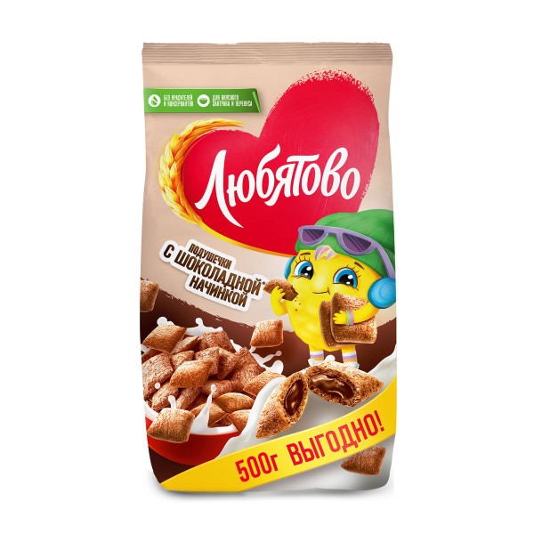 Сухой завтрак Подушечки Любятово 500г с шоколадной начинкой