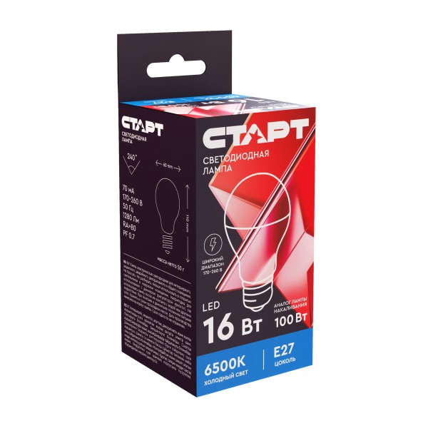 Лампа светодиодная Старт led glse27 16w 65 ic 10/100