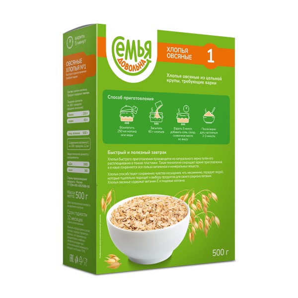 Хлопья овсяные №1 Семья довольна 500г