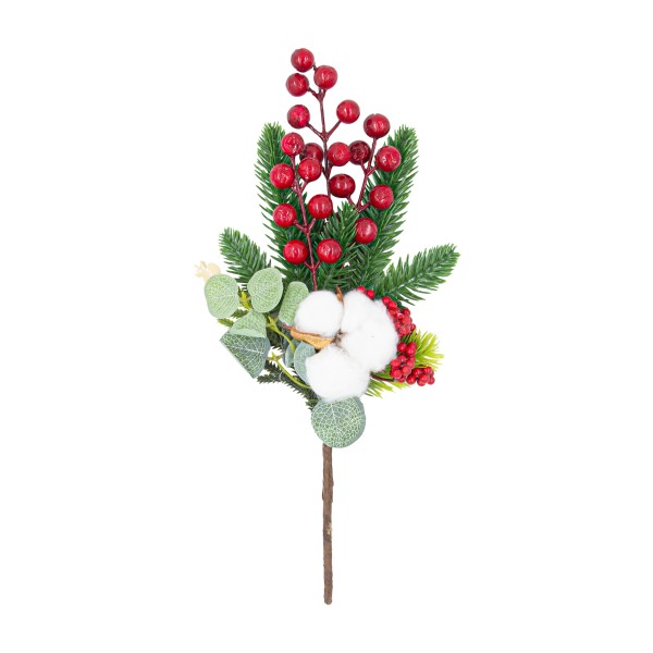 Ветка новогодняя с ягодами и хлопком 35см