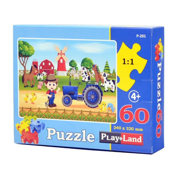 Пазлы Play Land 60 деталей синий трактор на ферме