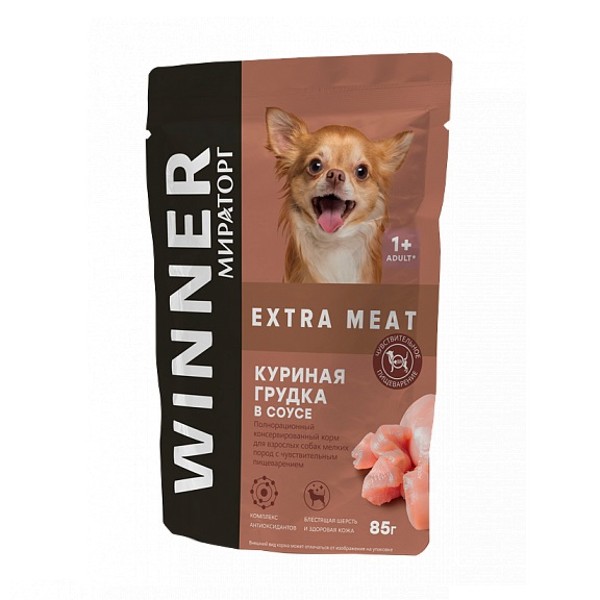 Корм Winner Extra Meat для собак мелких пород с чувствительным пищеварением 85гр куриная грудка в соусе