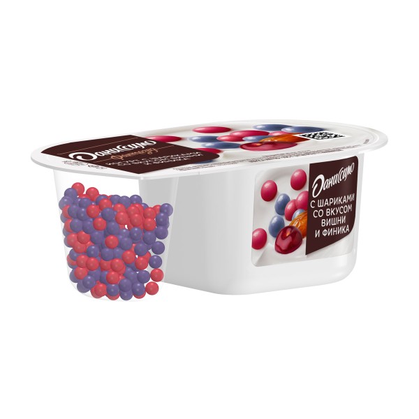 Йогурт Даниссимо Фантазия 6,9% 105г с хрустящими шариками со вкусом вишни и финика БЗМЖ