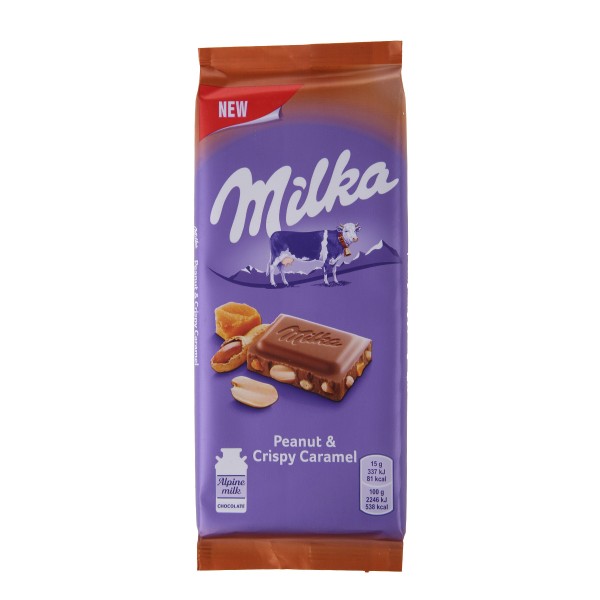 Шоколад молочный Milka 90гр с арахисом карамелью рисовыми шариками и кукурузными хлопьями