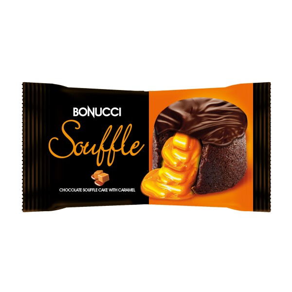 Пирожное бисквитное Souffle глазированое Bonucci 45г с начинкой "карамель"