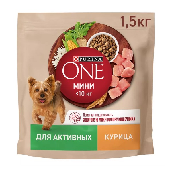 Корм для собак Мини Активная Purina One 1,5кг курица и рис