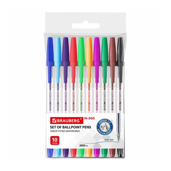Набор ручек шариковых M-500 Ассорти 0,7мм 10шт Brauberg