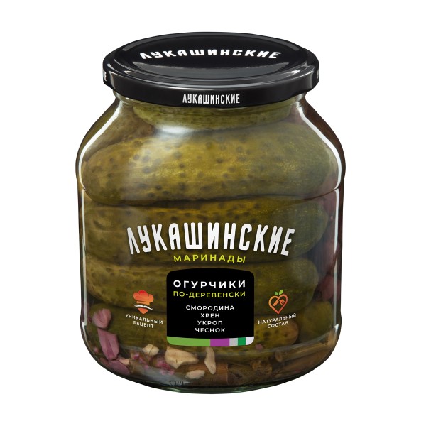 Огурчики По-деревенски маринованные с хреном и смородиной Лукашинские 670г