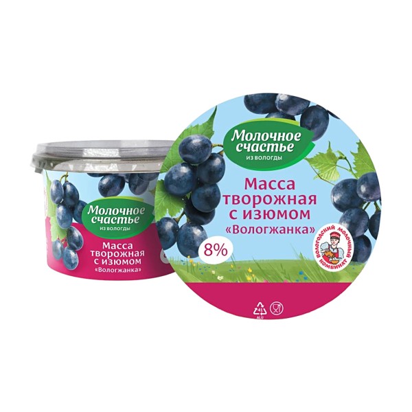 Масса творожная 8% Вологжанка 220г с изюмом БЗМЖ