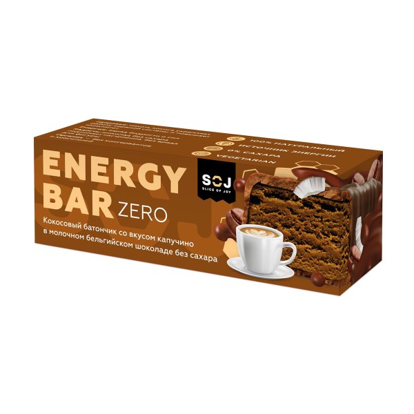 Батончик кокосовый Energy bar Zero в бельгийском шоколаде без сахара 45г с капучино