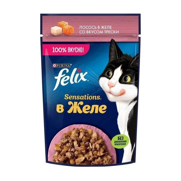 Корм для кошек Felix Sensations 75г фольга лосось и треска в желе