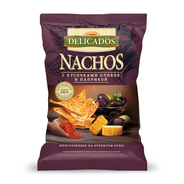 Чипсы кукурузные Nachos с кусочками оливок и паприкой Delicados 150г