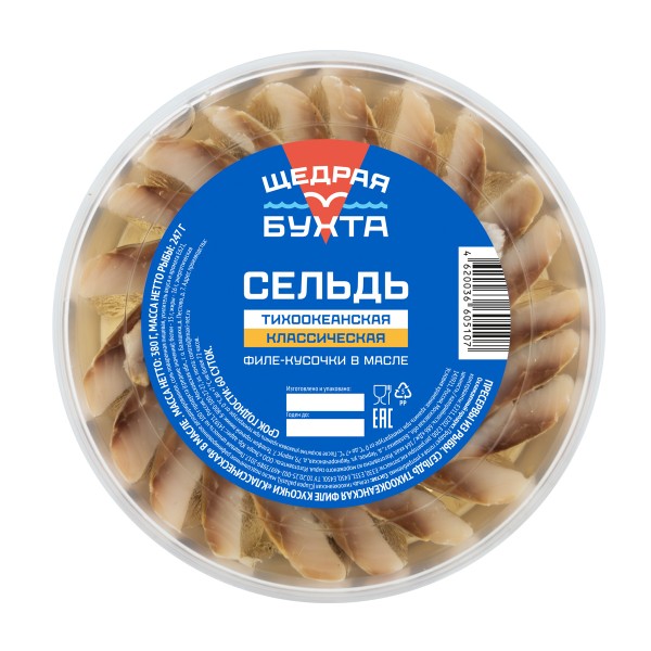 Сельдь Классическая филе-кусочки в масле слабой соли Щедрая бухта 380г