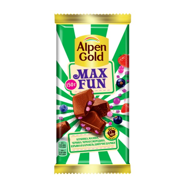 Шоколад Alpen Gold Max Fun молочный с кусочками клубники,малины,черники,смородины,рисовыми шариками и взрывной карамелью 140г