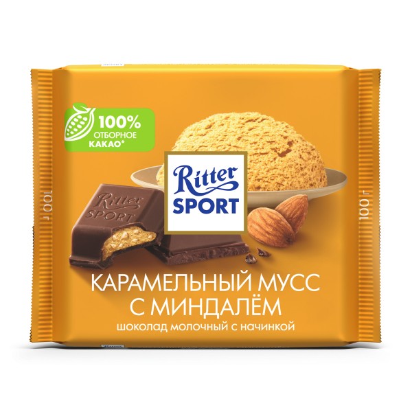 Шоколад молочный с начинкой Карамельный мусс с миндалем Ritter Sport 100гр