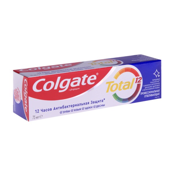 Зубная паста Colgate Total 12 Профессиональная Отбеливающая с цинком и аргинином для борьбы с потемнениями эмали и с антибактериальной защитой всей полости рта в течение 12 часов 75 мл