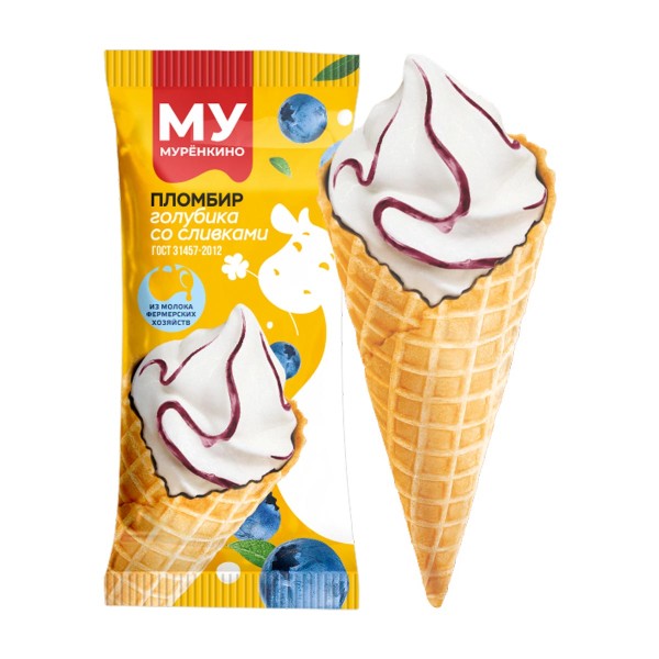 Мороженое рожок Пломбир голубика со сливками Муренкино 90г БЗМЖ