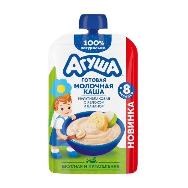 Каша Агуша молочная 100г яблоко-банан мультизлаковая БЗМЖ